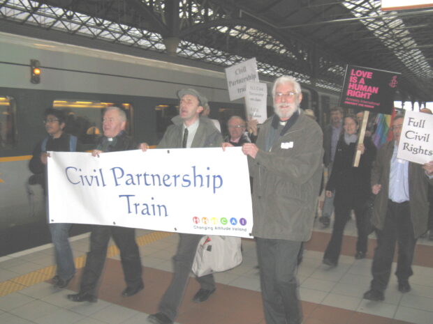 Supporters of the Civil Partnership Train arriving at Dublin from Belfast on Saturday afternoon. 